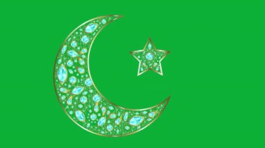Mavi Elmaslar ve Süslerle süslenmiş Altın Ay. Ramazan Kareem ve Mutlu Kurban Bayramı İslami Tasarım Elemanı Yeşil Ekran Animasyon Arkaplanında İzole Edildi.