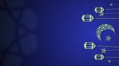 Mavi Elmaslar ve Süslerle süslenmiş Altın Ay. Ramazan Kareem ve İslami Bayram Şablonu Doğulu veya İslami Geometrik Süslemeleri Dikey Arkaplan.