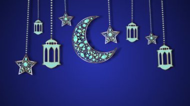 Mavi Elmaslar ve Süslerle süslenmiş Altın Ay. Ramazan Kareem ve İslami Bayram Şablonu Doğu veya İslam Geometrik Süslemeleri Animasyon Arkaplanlı Mavi Gradyan.
