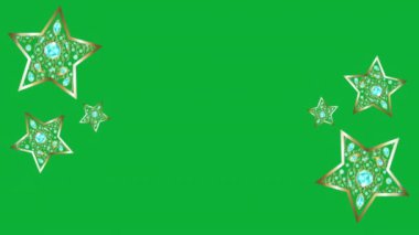 Mavi Elmaslı 3D Altın Yıldızlar Yeşil Krom Anahtar Arkaplanda Dönüyor. Yeşil ekran çerçeve şablonu üzerinde altın dekoratif yıldızlar.