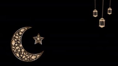 Yıldız süsleri ve elmaslarla süslenmiş Altın Ay Ramazan Kareem ve Doğu veya İslami Geometrik Süslemeler Animasyon Arkaplanlı Mutlu Kurban İslami Sancak Şablonu Renk Gradyanı