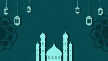 Ramazan ve İslam bayramları için düz tasarım animasyon kartı ya da pankart şablonu. Süslü, dönen süslemeli fenerler ve cami çizimleri..
