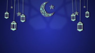 Mavi Elmaslar ve Süslerle süslenmiş Altın Ay. Ramazan Kareem ve İslami Bayram Şablonu Doğu veya İslam Geometrik Süslemeleri Animasyon Arkaplanlı Mavi Gradyan