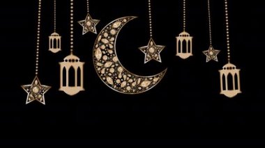 Yıldız süsleri ve elmaslarla süslenmiş Altın Ay Ramazan Kareem ve Doğu veya İslami Geometrik Süslemeler Animasyon Arkaplanlı Mutlu Kurban İslami Sancak Şablonu Renk Gradyanı