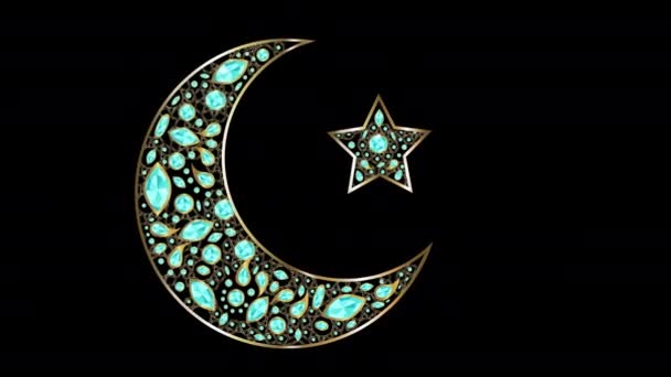 Golden Moon Med Stjärna Dekorerad Med Blå Diamanter Och Ornament — Stockvideo