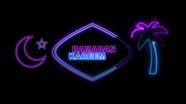 Neon Incandescente Ramadan Kareem Disegno Biglietto Auguri Isolato Sfondo Nero — Video Stock