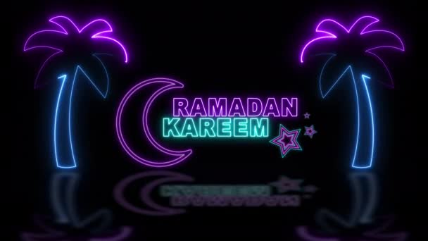 Néon Lumineux Ramadan Kareem Texte Mosquée Croissant Avec Des Étoiles — Video