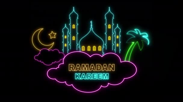 Neon Glödande Ramadan Kareem Text Och Moské Och Halvmåne Med — Stockvideo