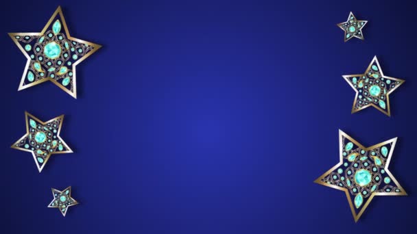 Gouden Sterren Met Blauwe Diamanten Roterend Blauwe Achtergrond Gouden Decoratieve — Stockvideo
