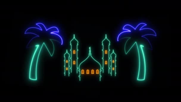 Moschea Incandescente Neon Mezzaluna Con Stelle Isolate Sfondo Nero Moschea — Video Stock