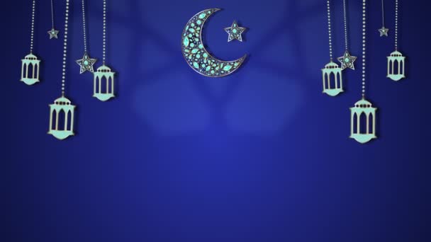 Zlatý Měsíc Hvězdou Zdobený Modrými Diamanty Ornamenty Ramadan Kareem Happy — Stock video