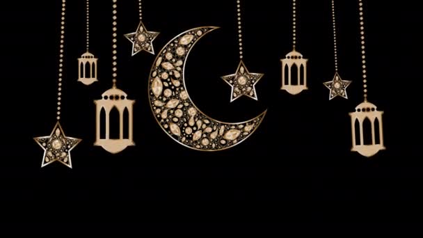 Золотий Місяць Зіркою Прикрашений Прикрасами Діамантами Рамадан Карем Щасливий Ісламський — стокове відео