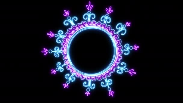 Animierte Leuchtende Neonfarbene Leuchtrahmen Vorlage Dekorativer Leuchtrahmen Mit Traditionellen Ornamenten — Stockvideo