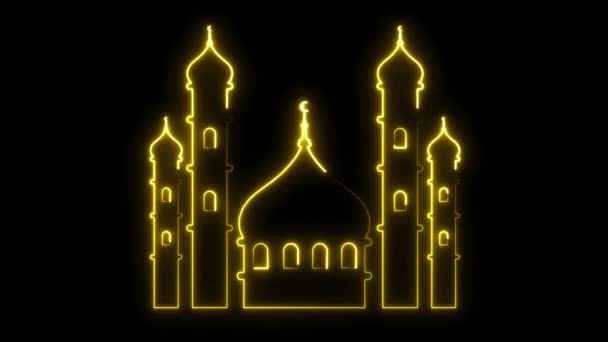 Elemento Diseño Animado Brillante Mezquita Neón Aislado Sobre Fondo Negro — Vídeos de Stock