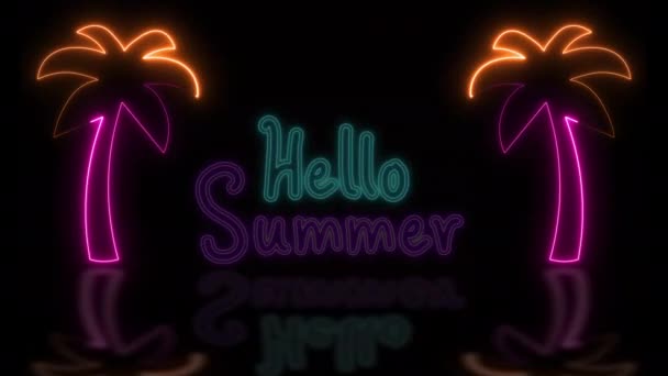 Glowing Neon Design Says Hello Summer Neon Glowing Palm Trees — Stock Video