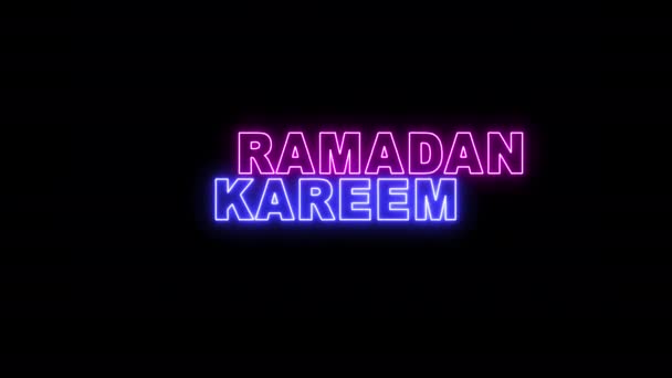 Neon Glödande Ramadan Kareem Gratulationskort Design Isolerad Svart Bakgrund — Stockvideo