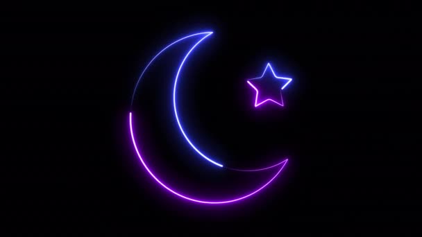 Neon Glowing Moon Star Design Isolati Sfondo Nero Luna Neon — Video Stock