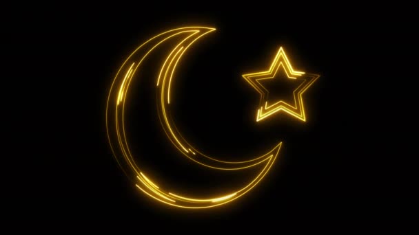 Неоновий Сяючий Місяць Дизайн Зірки Ізольовані Чорному Тлі Рамадан Карем — стокове відео