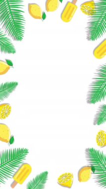 Animasyon limonlar, dondurma ve beyaz arka planda palmiye yaprakları