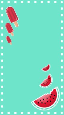 Taze karpuz dilimleri ve mavi arkaplanda karpuz dondurmasıyla canlandırılmış dikey çerçeve 