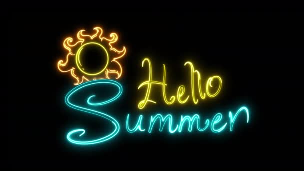 Neon Glühende Sonne Und Hallo Sommer Text Animation Isoliert Auf — Stockvideo
