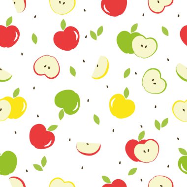 Elma vektörünün farklı renkleri, pürüzsüz desen. Tam elma, dilimler, yapraklar ve elma çekirdeği desenli tasarım. Kırmızı, yeşil ve sarı elma deseni.
