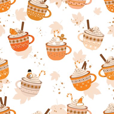 Sonbahar Noel tatlı kupaları sıcak kakao, şekerli kahve, zencefilli kurabiye çubukları, tarçın çubukları... 