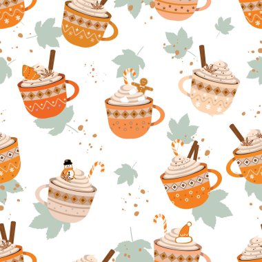 Sonbahar Noel tatlı kupaları sıcak kakao, şekerli kahve, zencefilli kurabiye çubukları, tarçın çubukları... 