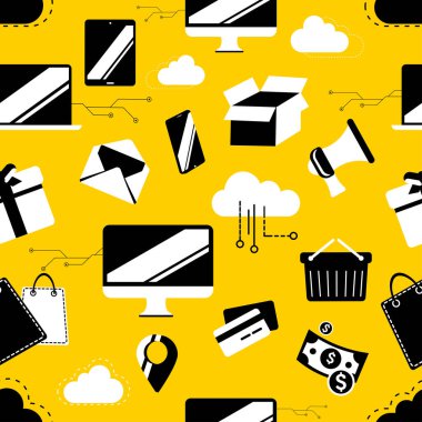  Bilgisayar teknolojisi konsepti, sarı arka planda kusursuz desen. Veri bulutu ve hesaplama sonsuz tasarım.