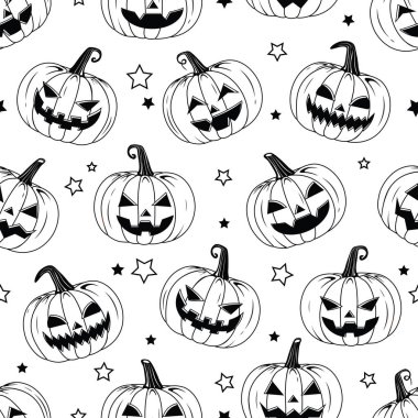 Vektör Tarzı Korkunç Cadılar Bayramı balkabakları Yıldızların basılabilir dokusuyla kusursuz desen