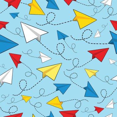 Mavi gökyüzünde uçan renkli kağıt uçaklar. Kağıt uçakların kusursuz şablonu. Kağıt uçaklar kusursuz desen