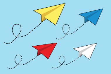 Mavi gökyüzünde uçan renkli kağıt uçaklar. Kağıt uçakların kusursuz şablonu. Kağıt uçaklar kusursuz desen