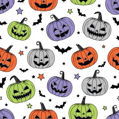 Vektör Turuncu Gülen Cadılar Bayramı balkabakları, Kusursuz Şekilsiz Ürkütücü Balkabakları Cadılar Bayramı Tatili için tekrarlanabilir arka plan 