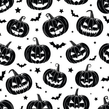 Vektör Turuncu Gülen Cadılar Bayramı balkabakları, Kusursuz Şekilsiz Ürkütücü Balkabakları Cadılar Bayramı Tatili için tekrarlanabilir arka plan 