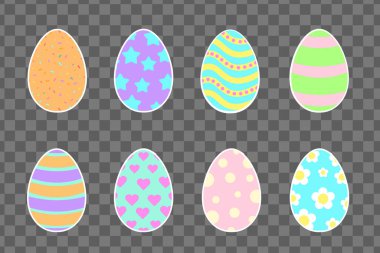 Paskalya yumurtalarının düz dizaynı beyaz arka planda. Paskalya yumurtaları. Suluboya tarzında vektör çizimleri. Renkli Paskalya yumurtaları.