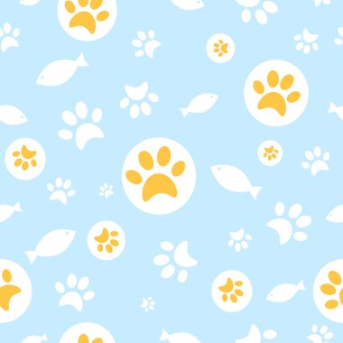 Siluet kedi pençeleri ve ayak izli balık dokusu. Kedi pençesi kusursuz desen. Ayak iziyle çizilmiş el, pastel mavi arka planda şirin hayvan ayak izleri..