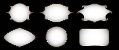 Altın ve Beyaz Dekoratif Şablon Koleksiyonu. Kara Arkaplan 'da izole edilmiş. Tatiller ve özel günler parlayan metal altın afişler