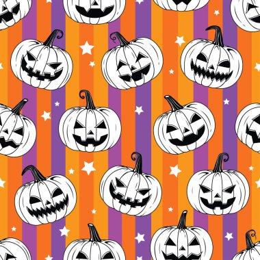 Vektör Turuncu Gülen Cadılar Bayramı balkabakları, Kusursuz Şekilsiz Ürkütücü Balkabakları Cadılar Bayramı Tatili için tekrarlanabilir arka plan 