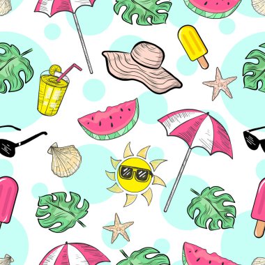 Vektör El Yazı Kusursuz Şekilde Çizdi. Plaj şemsiyesi, deniz kabuğu, deniz yıldızı, karpuz dilimi, meyve suyu, palmiye yaprağı ve diğer dekoratif yaz tatili