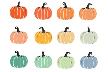 Vektör Renkli Düz Cadılar Bayramı Balkabağı İzole edilmiş Koleksiyon Çizgi Film Tasarımı Kabak Yapıştırması Çizimleri. yazılabilir kabak tasarım elementleri.