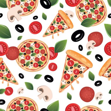 Sıcak vejetaryen pizza dilimleri ve kusursuz malzemeler. İtalyan yemeği. Domates, fesleğen, siyah zeytin, mantar ve mozzarella peynirli pizza.. 