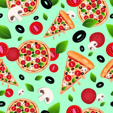 Sıcak vejetaryen pizza dilimleri ve kusursuz malzemeler. İtalyan yemeği. Domates, fesleğen, siyah zeytin, mantar ve mozzarella peynirli pizza.. 