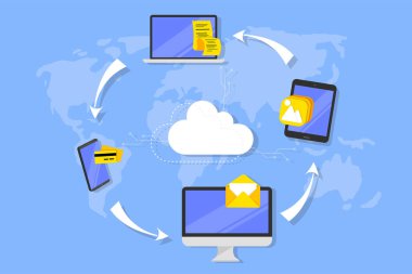 Vector Computing ve Data Cloud Teknoloji Tasarım Arkaplanı. Dijital aygıtlar simgesi çizimleri. Elektronik cihazlar ve e-ticaret konsepti simgeleri.