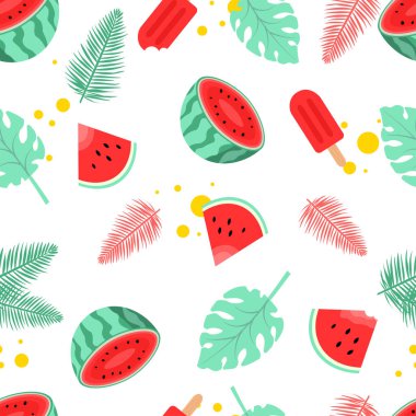 Düz Stil Dekoratif Yaz Şekilsiz Düz Karpuz Dilimleri, Taze Tropikal Palmiye Yaprakları, Dondurma, Lolipop Dondurma Yaz Sezonu