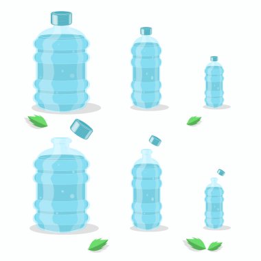 Farklı boyutlarda vektör su kapları. Hepsi beyaz arka planda izole edilmiş. Su dalgalanır ve tasarım elementlerini bırakır. Temiz su kapları.