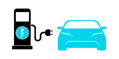 Elektrikli araba şarj istasyonu simgesi. Web için elektrik istasyonu vektör simgesinin düz çizimi