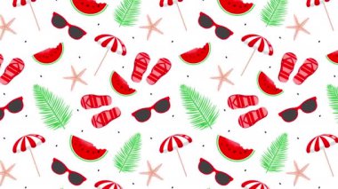 Beyaz arka planda yaz simgeleri deseni, animasyon. Şemsiyeler, tropikal yapraklar, denizyıldızı, karpuzlar, parmak arası terlikler ve güneş gözlükleri. 