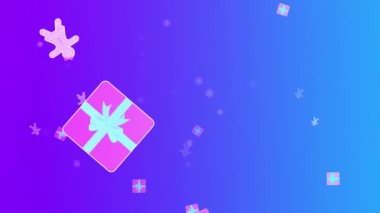 Zencefilli kurabiye ve hediye kutuları mor arkaplandan aşağı düşüyor. Kış sezonu animasyonu, mutlu Noeller, tatiller, yeni yıl kutlaması