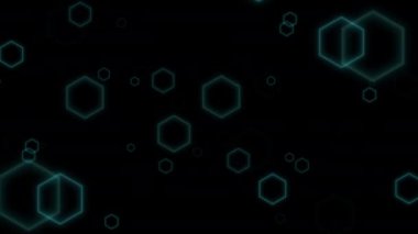 Mavi ve Yeşil Aydınlatılmış altıgen ızgaralı 4K Parlayan Neon Işıklı Fütüristik yüzey kavramı. Altıgen desenli modaya uygun bilim kurgu teknolojisi. Teknoloji ve bilim konsept afişi.