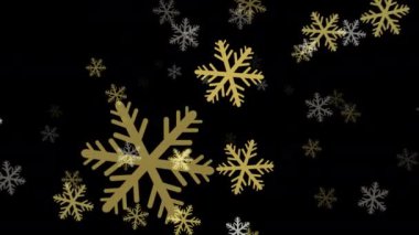 Siyah arkaplandan düşen altın kar taneleri. Kış sezonu animasyonu, mutlu Noeller, tatiller, yeni yıl kutlaması